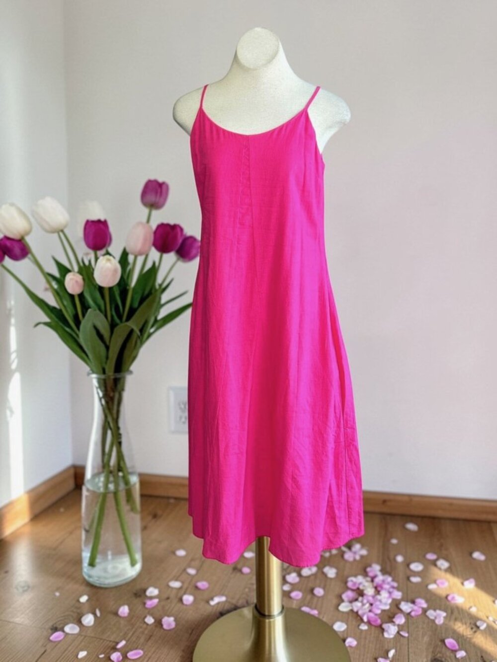 Sussan Dress Bright Pink Linen Blend Sleeveless Swing Dress Summer Size 8